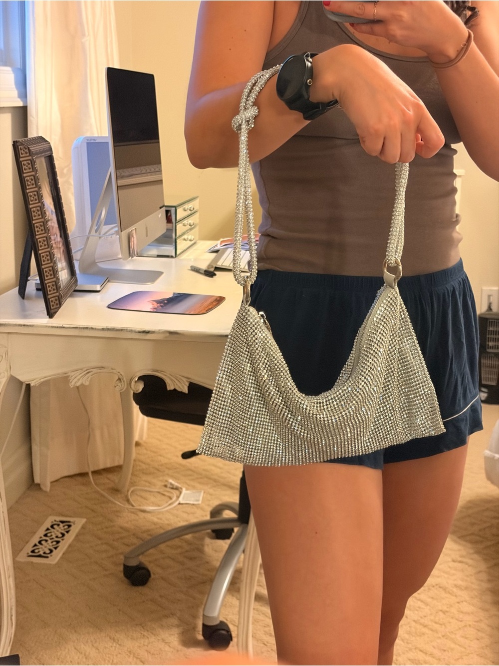 Silver Crystal Mesh Shoulder Bag - Women's Evening Bag